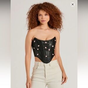 Windsor Black Faux Leather Mesh Overlay Floral Cropped Corset Festival Baddie